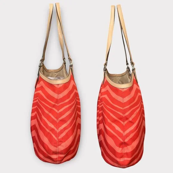 Coach Devin Shoulder Bag F24022 Orange Animal Print Canvas Tan Leather Tote - Picture 4 of 7